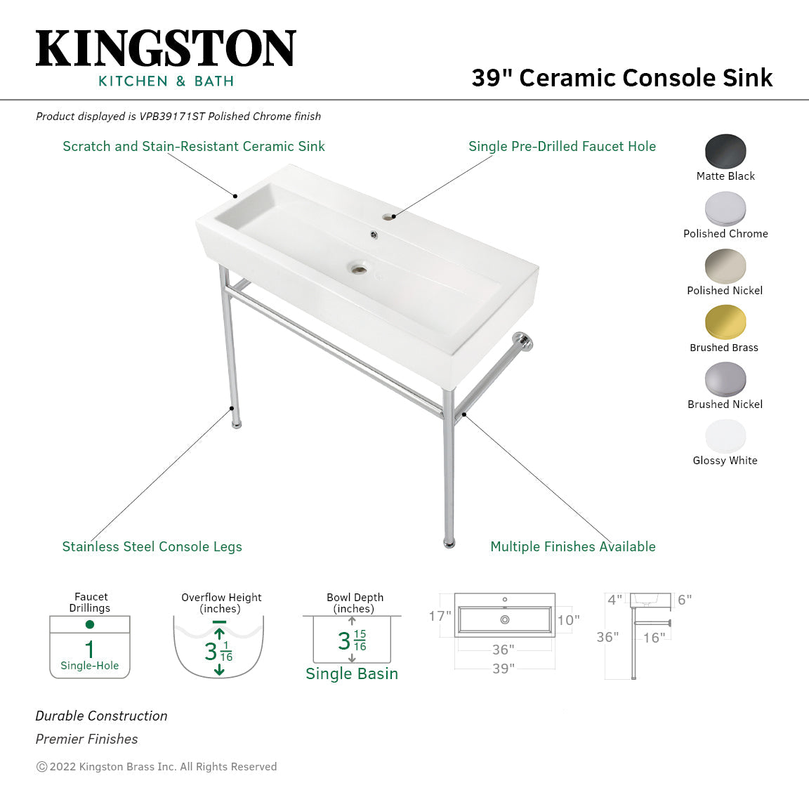 New Haven VPB39170ST 39-Inch Console Sink with Stainless Steel Legs (Single Hole), White/Matte Black