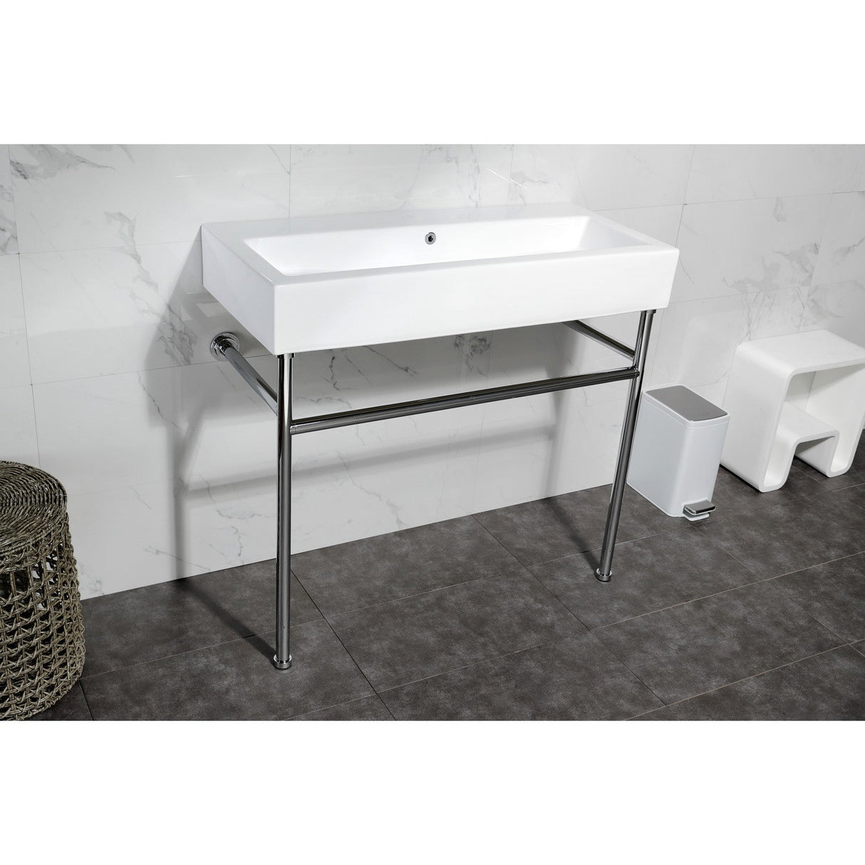 New Haven VPB3917H1ST 39-Inch Console Sink with Stainless Steel Legs, White/Polished Chrome