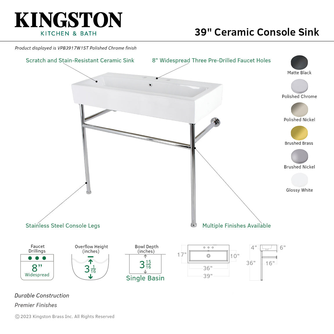 New Haven VPB3917W0ST 39-Inch Console Sink with Stainless Steel Legs  (8" Centers), White/Matte Black