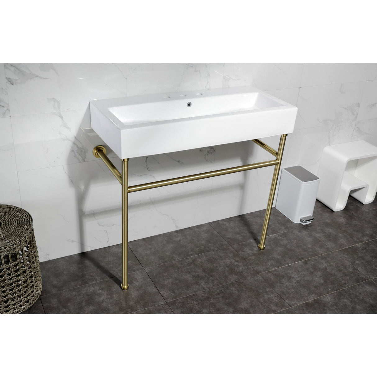 New Haven VPB3917W7ST 39-Inch Console Sink with Stainless Steel Legs  (8" Centers), White/Brushed Brass