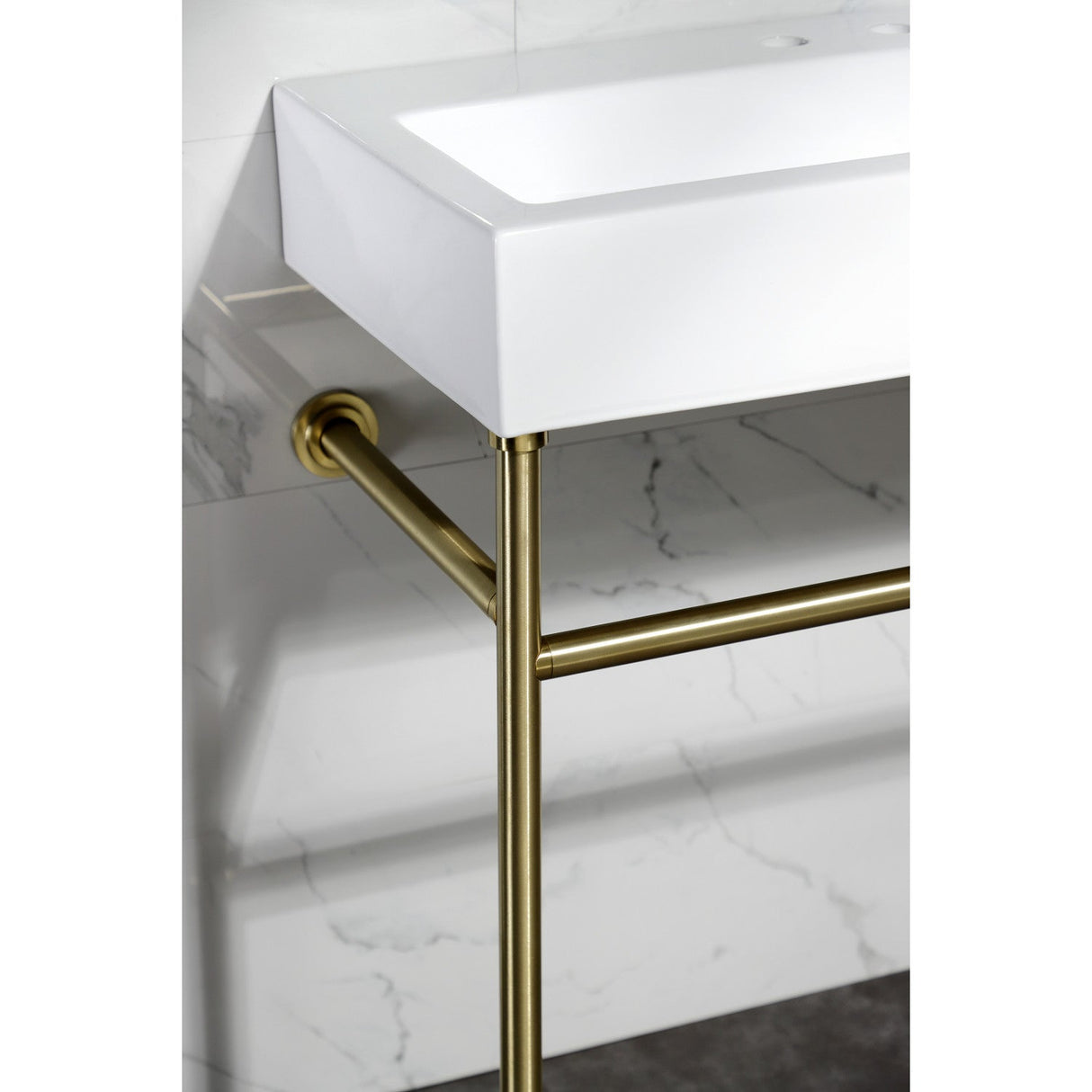 New Haven VPB3917W7ST 39-Inch Console Sink with Stainless Steel Legs  (8" Centers), White/Brushed Brass