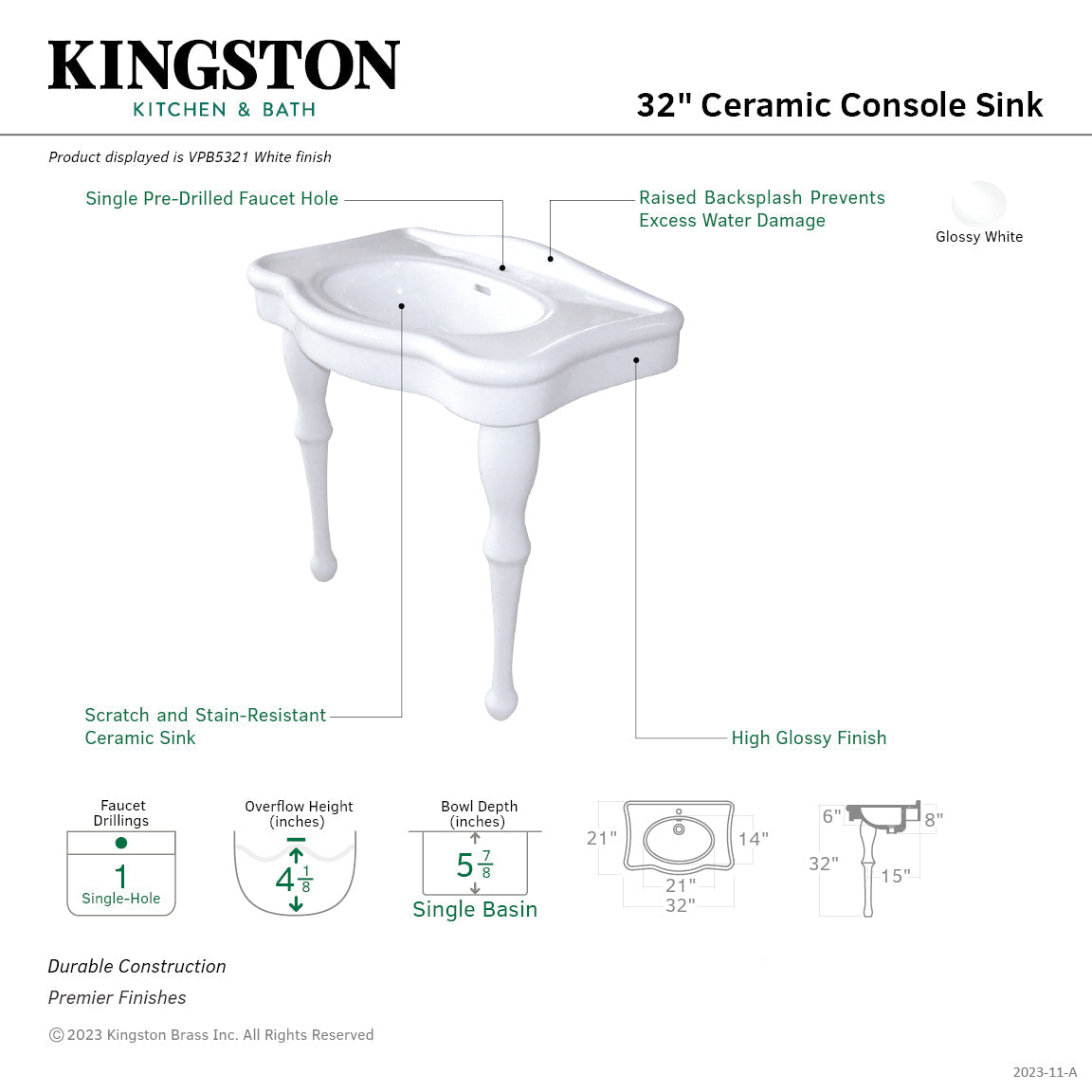 Imperial VPB5321 Ceramic Console Sink, White