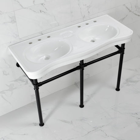 Imperial VPBT14880ST 47-Inch Ceramic Double Bowl Console Sink with Stainless Steel Legs, White/Matte Black