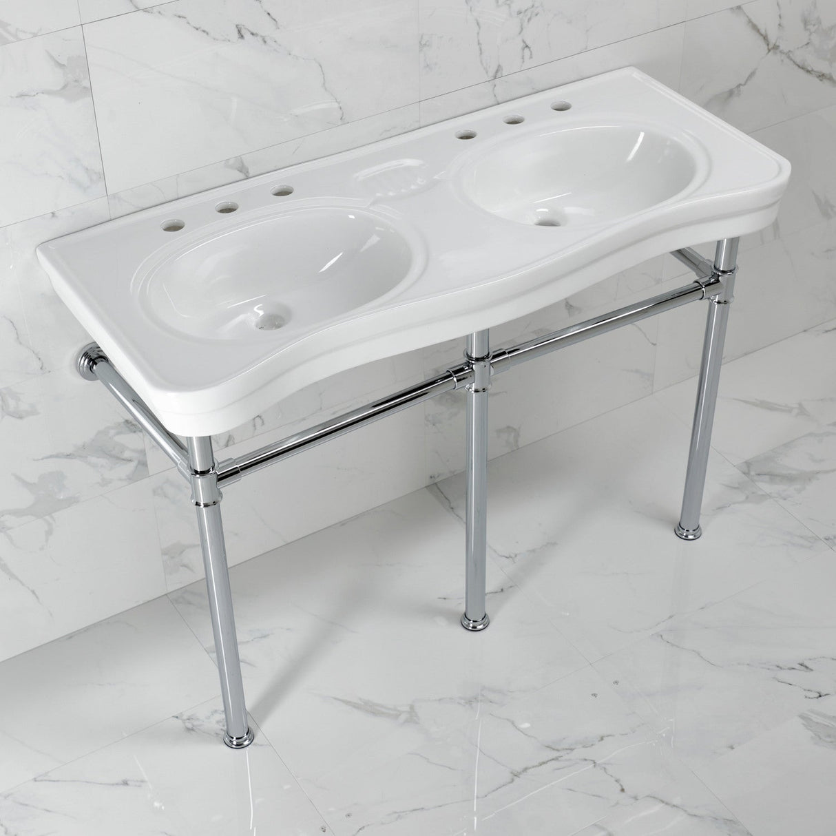 Imperial VPBT14881ST 47-Inch Ceramic Double Bowl Console Sink with Stainless Steel Legs, White/Polished Chrome