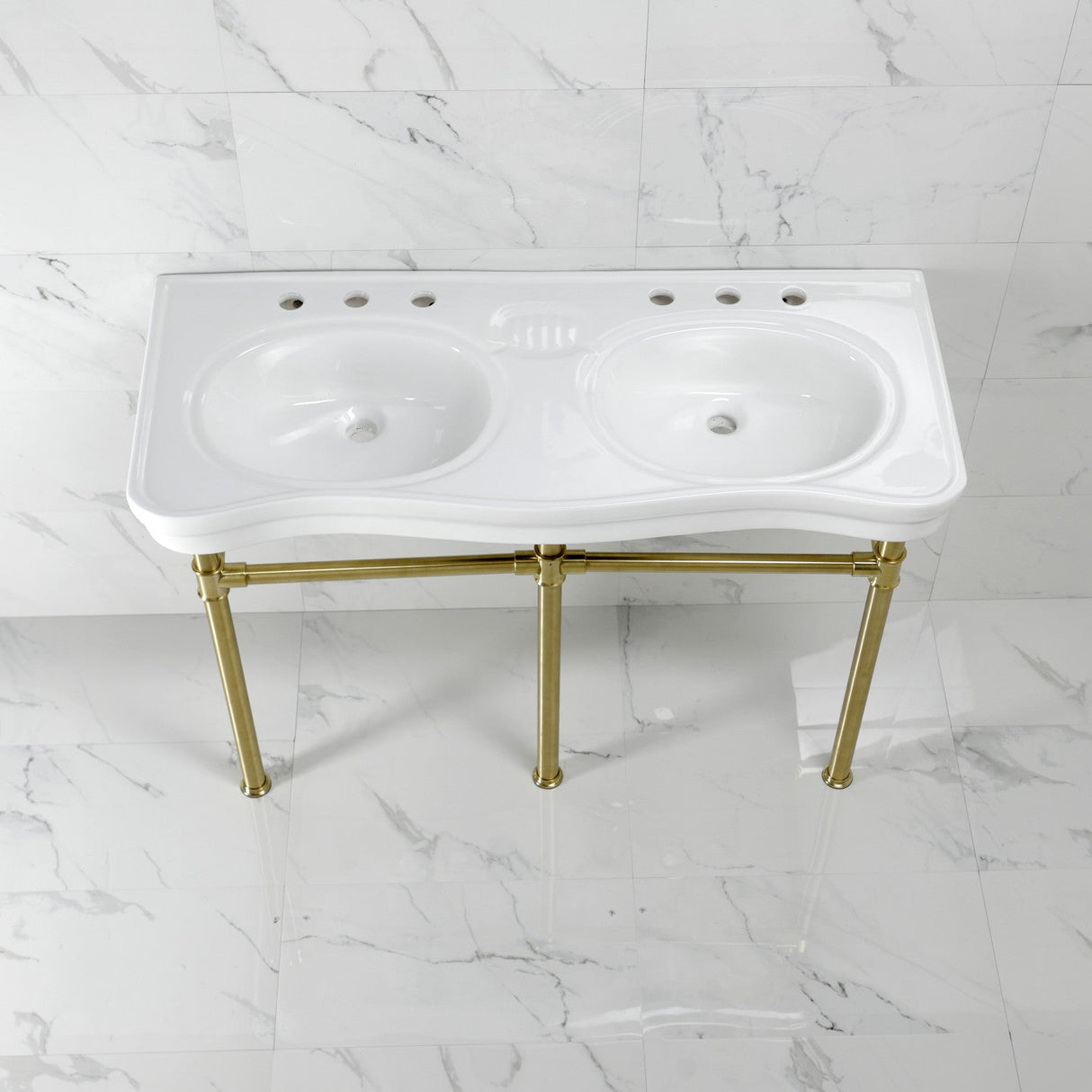 Imperial VPBT14887ST 47-Inch Ceramic Double Bowl Console Sink with Stainless Steel Legs, White/Brushed Brass