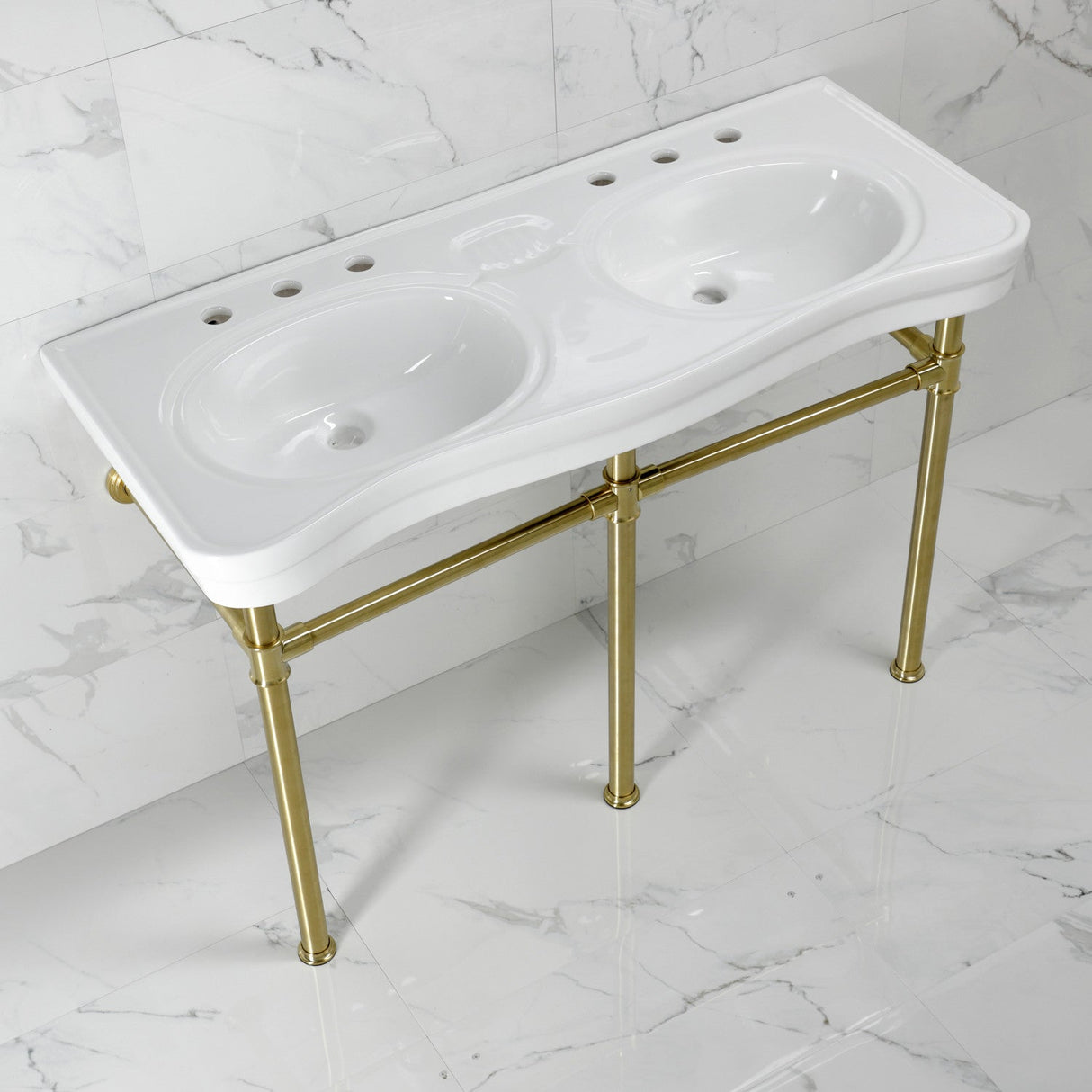 Imperial VPBT14887ST 47-Inch Ceramic Double Bowl Console Sink with Stainless Steel Legs, White/Brushed Brass
