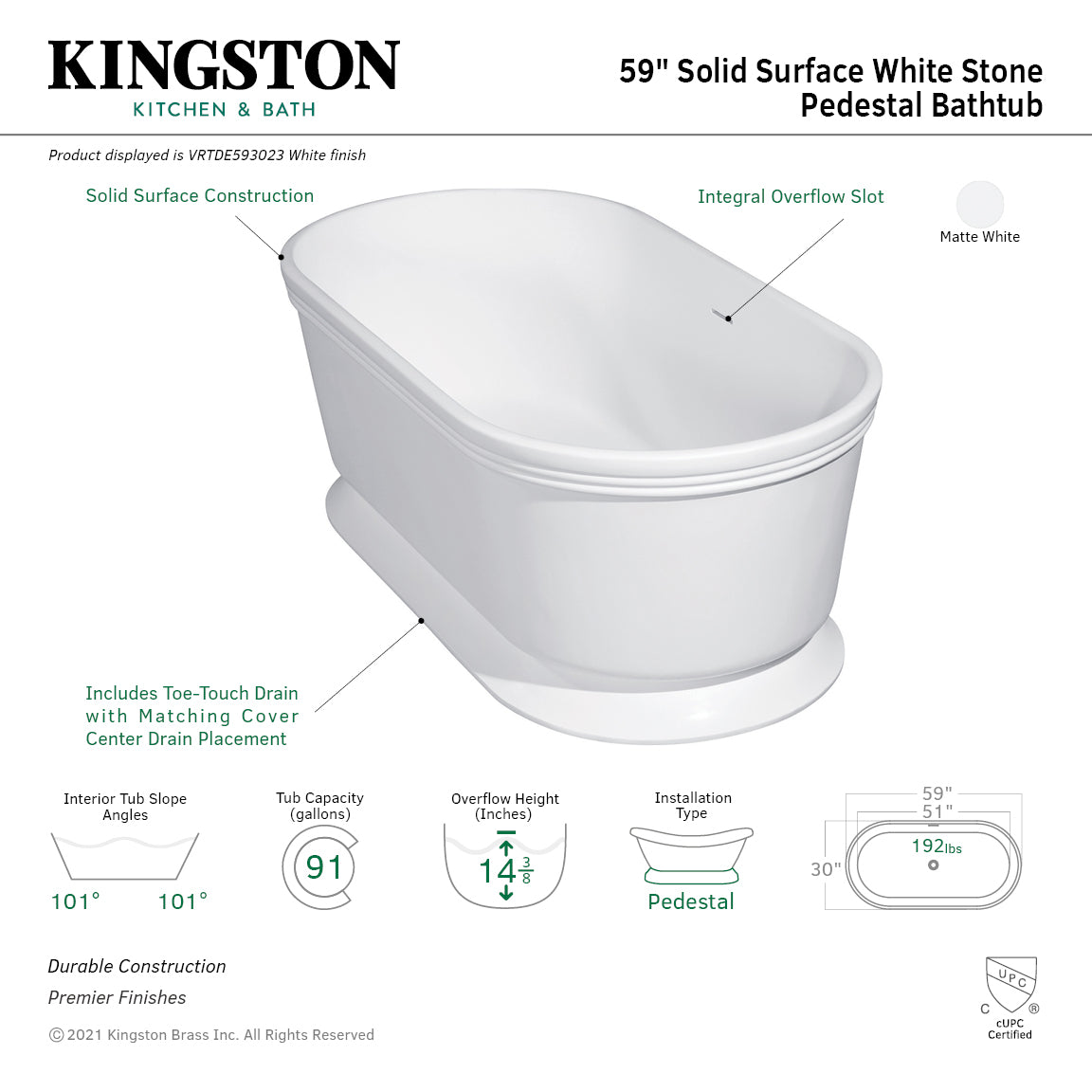 Arcticstone VRTDE593023 59-Inch Double Ended Solid Surface Pedestal Tub with Drain, Glossy White/Matte White