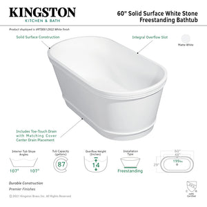 Arcticstone VRTDE612922 60-Inch Double Ended Solid Surface Freestanding Tub with Drain, Glossy White/Matte White