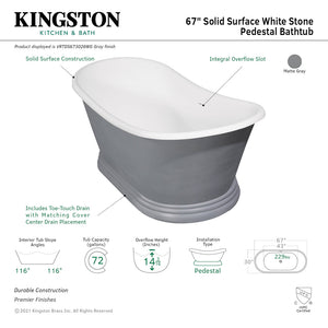 Arcticstone VRTDS673026WG 67-Inch Double Slipper Solid Surface Pedestal Tub with Drain, Glossy White/Matte Gray