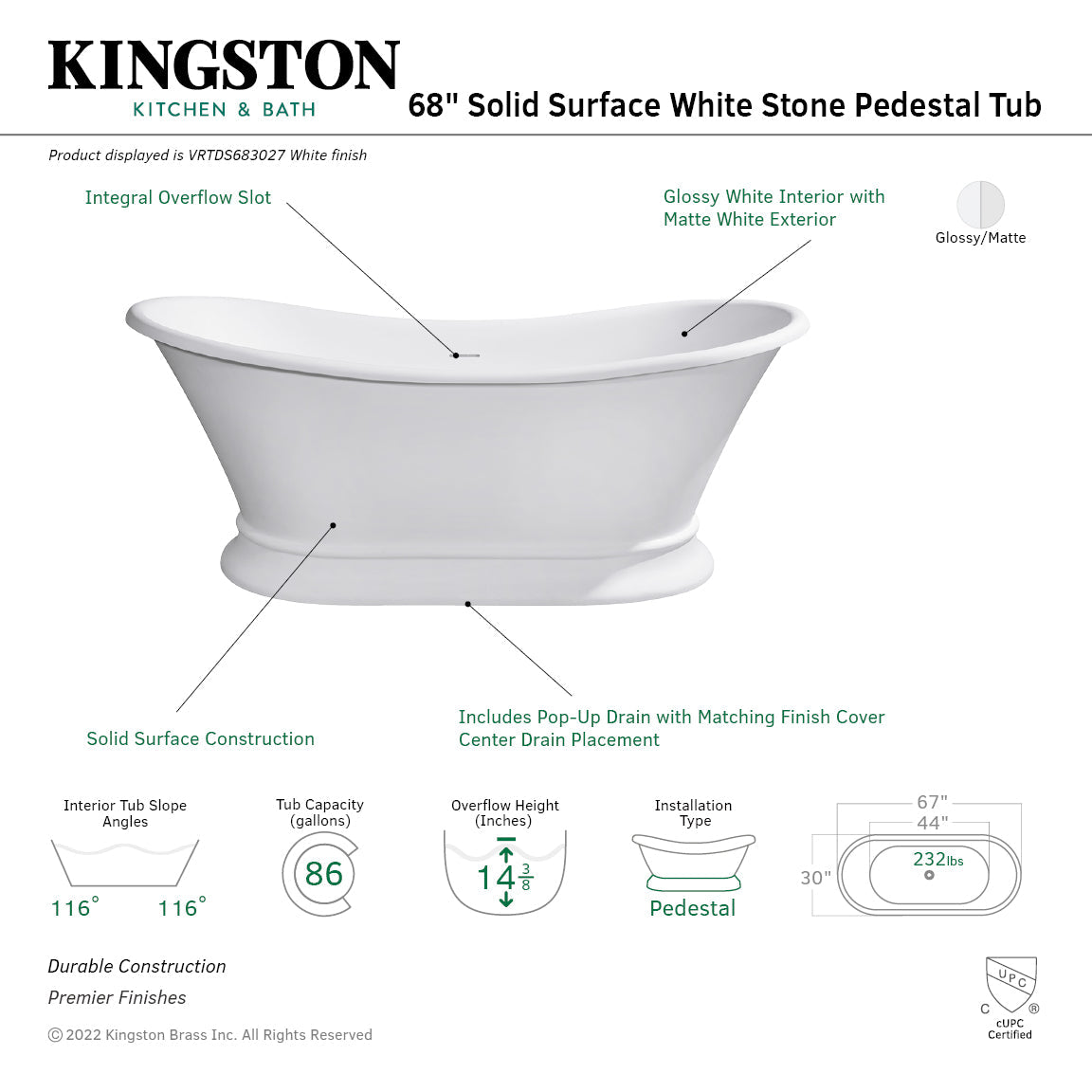 Arcticstone VRTDS683027 67-Inch Solid Surface White Stone Pedestal Tub with Drain, Matte White/Glossy White