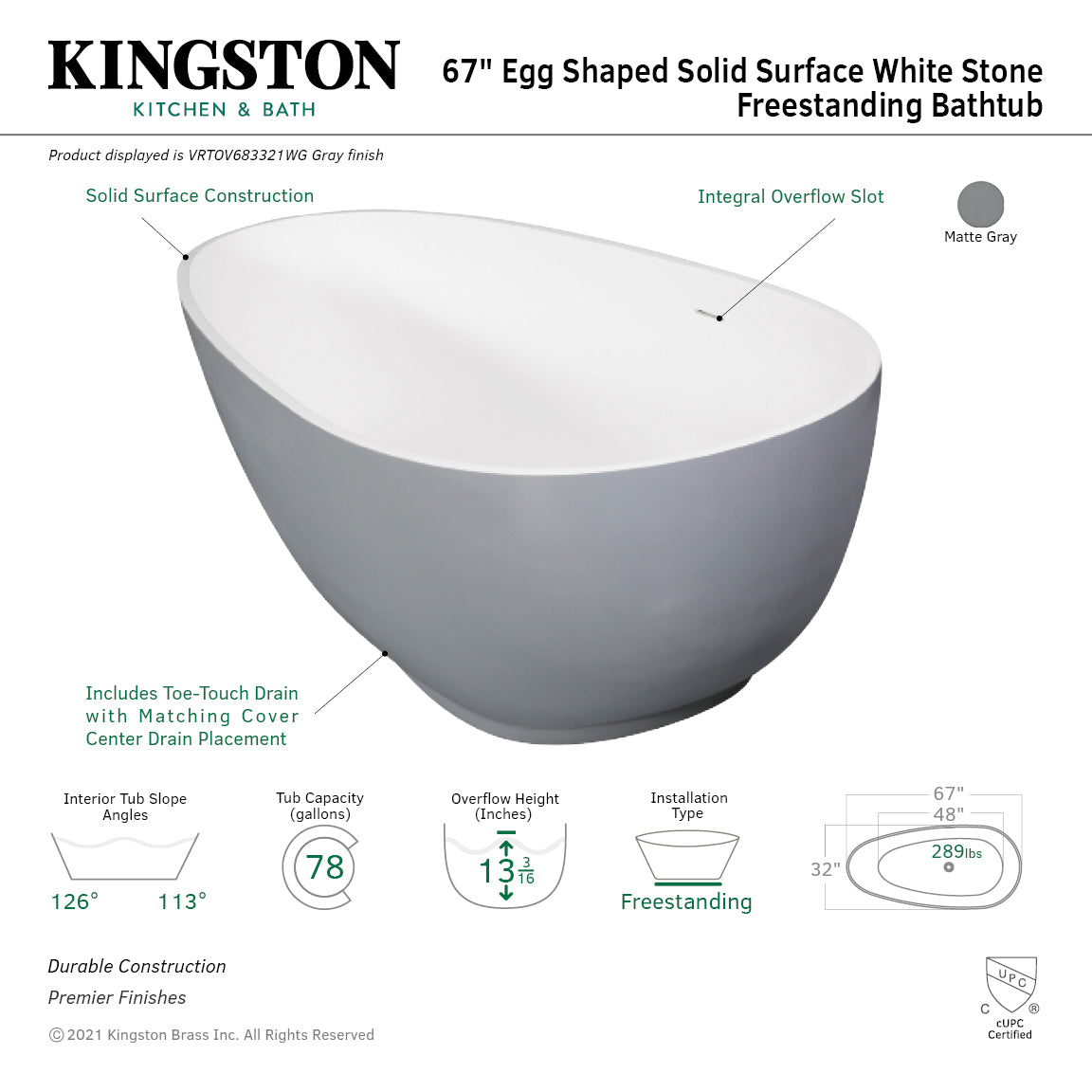 Arcticstone VRTOV683321WG 67-Inch Egg Shaped Solid Surface Freestanding Tub with Drain, Glossy White/Matte Gray