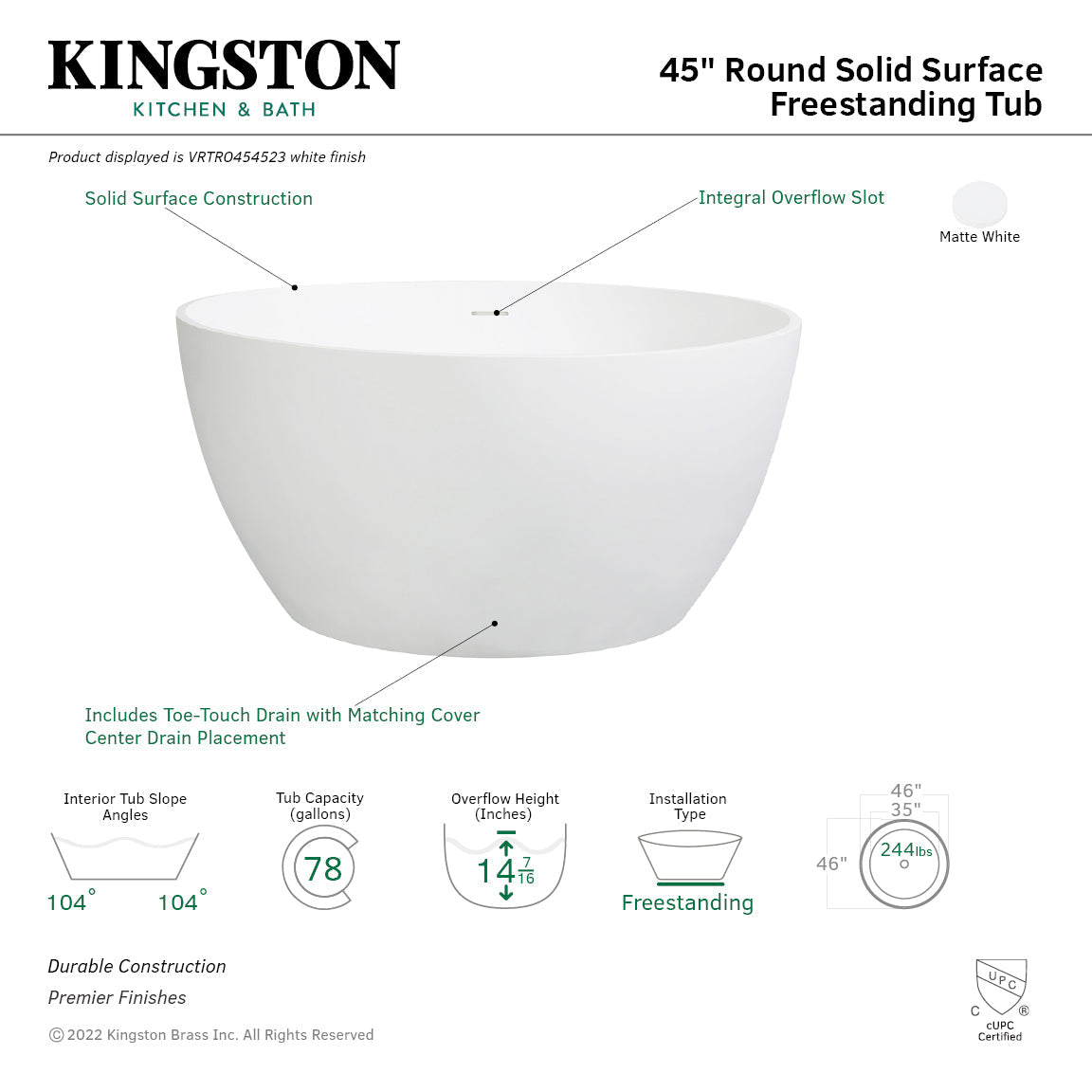 Arcticstone VRTRO454523 46-Inch Round Solid Surface White Stone Freestanding Tub with Drain, Matte White