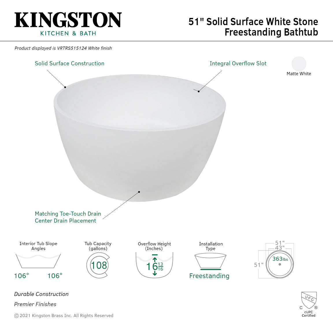 Arcticstone VRTRS515124 51-Inch Solid Surface White Stone Freestanding Tub with Drain, Matte White