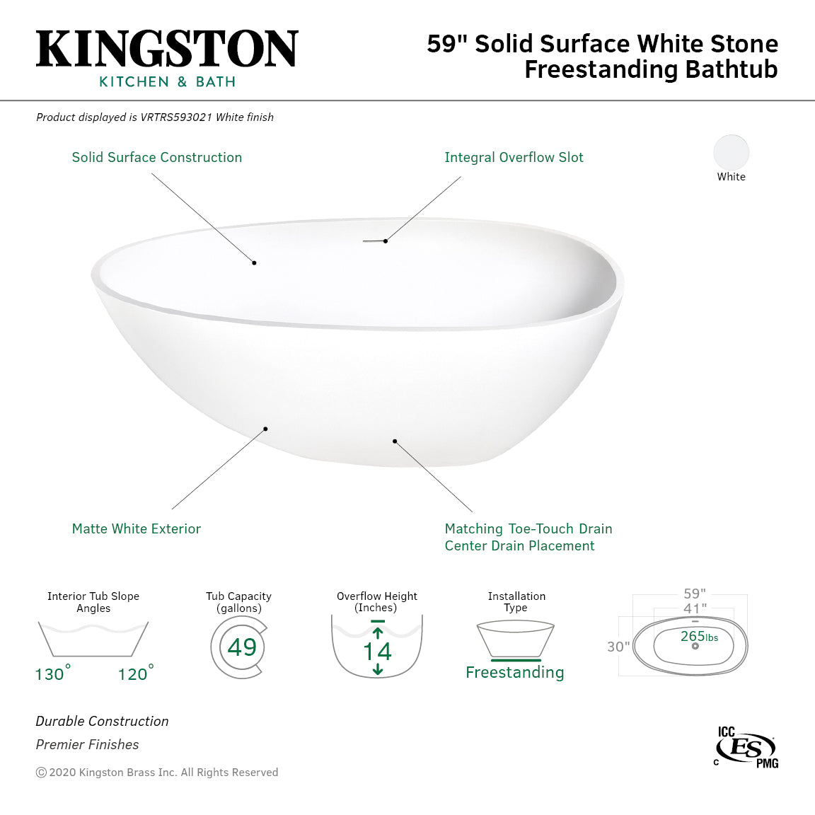 Arcticstone VRTRS593021 59-Inch Solid Surface White Stone Freestanding Tub with Drain, Matte White