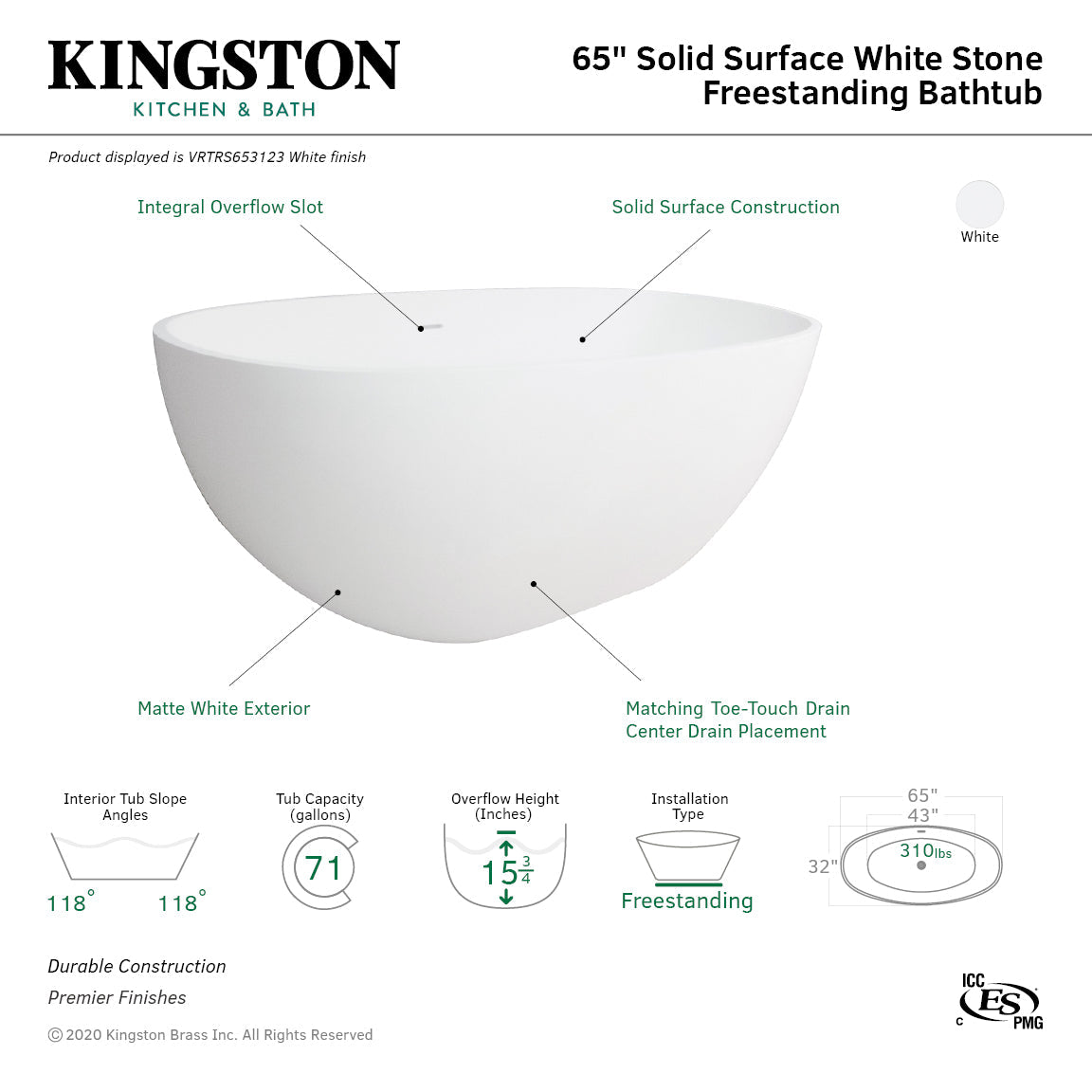 Arcticstone VRTRS653123 65-Inch Solid Surface White Stone Freestanding Tub with Drain, Matte White