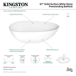 Arcticstone VRTRS673422 67-Inch Solid Surface White Stone Freestanding Tub with Drain, Matte White