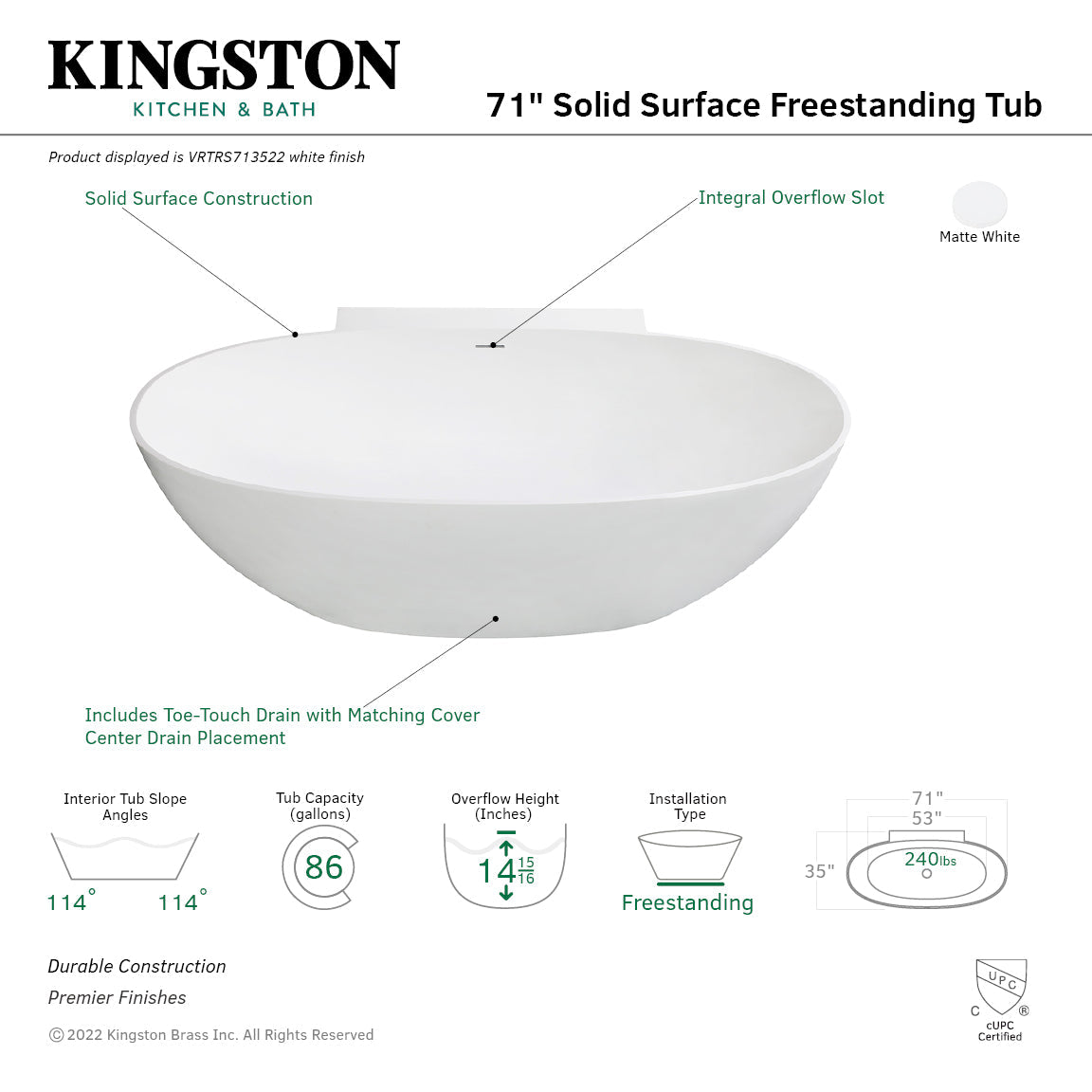 Arcticstone VRTRS713522 71-Inch Solid Surface White Stone Freestanding Tub with Drain, Matte White