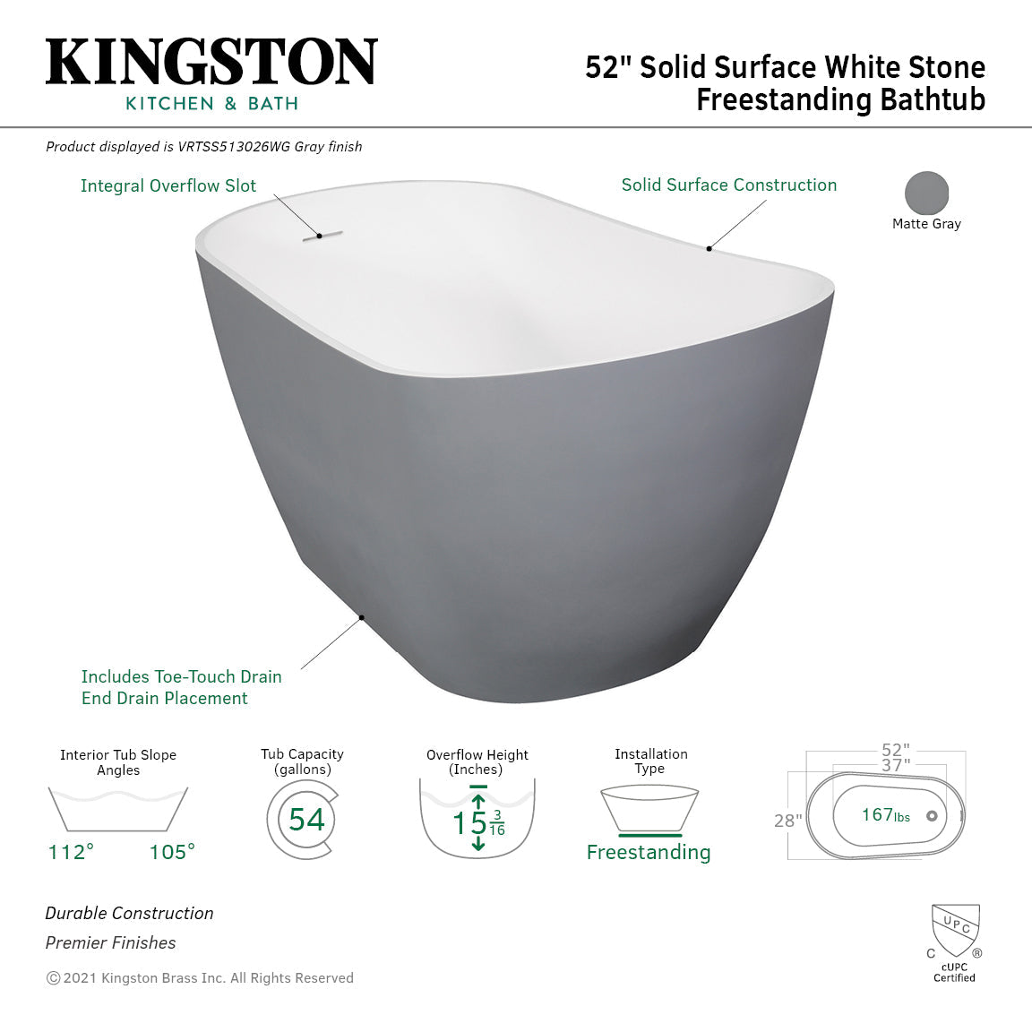 Arcticstone VRTSS513026WG 52-Inch Slipper Solid Surface Freestanding Tub with Drain, Glossy White/Matte Gray