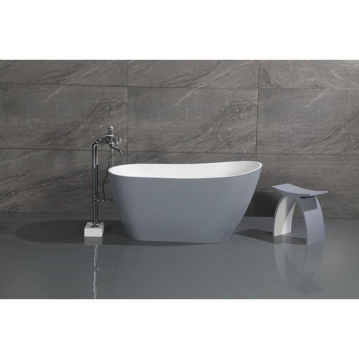 Arcticstone VRTSS513026WG 52-Inch Slipper Solid Surface Freestanding Tub with Drain, Glossy White/Matte Gray