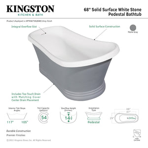 Arcticstone VRTSS673026WG 68-Inch Slipper Solid Surface Pedestal Tub with Drain, Glossy White/Matte Gray