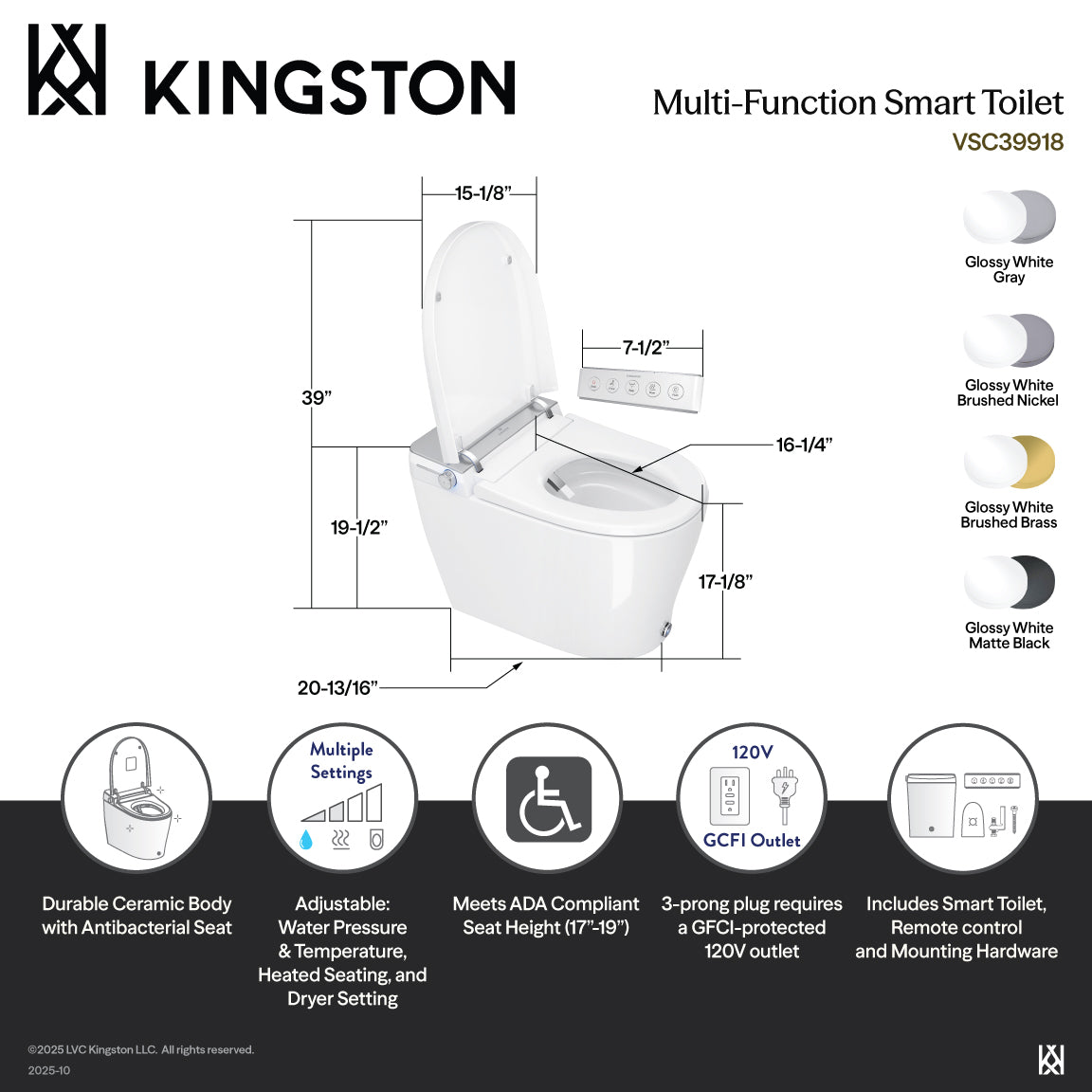 Kingston Sona VSC3991 - Edison Smart Toilet, White/Grey