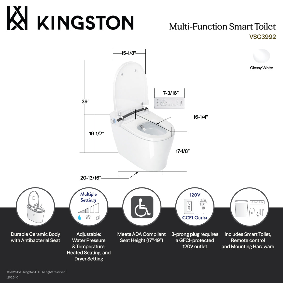 Kingston Sona VSC3992 - Upton Smart Toilet, White