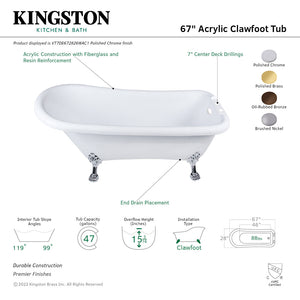 Aqua Eden VT7DE672826WAC8 67-Inch Acrylic Single Slipper Clawfoot Tub with 7-Inch Faucet Drillings, White/Brushed Nickel