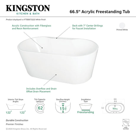 Aqua Eden VT7DE673223 66.5-Inch Acrylic Freestanding Tub with 7-Inch Faucet Drillings, White