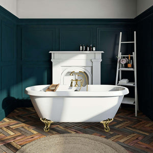 Aqua Eden VT7DS672924JNH2 67-Inch Acrylic Clawfoot Tub with 7-Inch Faucet Drillings, White/Polished Brass