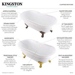 Aqua Eden VT7DS672924JNH2 67-Inch Acrylic Clawfoot Tub with 7-Inch Faucet Drillings, White/Polished Brass