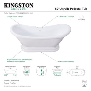 Aqua Eden VT7DS692828PBA 69-Inch Acrylic Double Slipper Pedestal Tub with 7-Inch Faucet Drillings, Glossy White