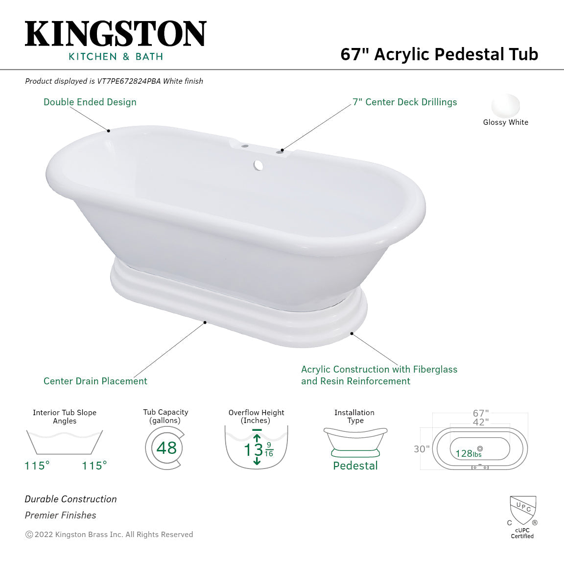 Aqua Eden VT7PE672824PBA 67-Inch Acrylic Double Ended Pedestal Tub with 7-Inch Faucet Drillings, Glossy White