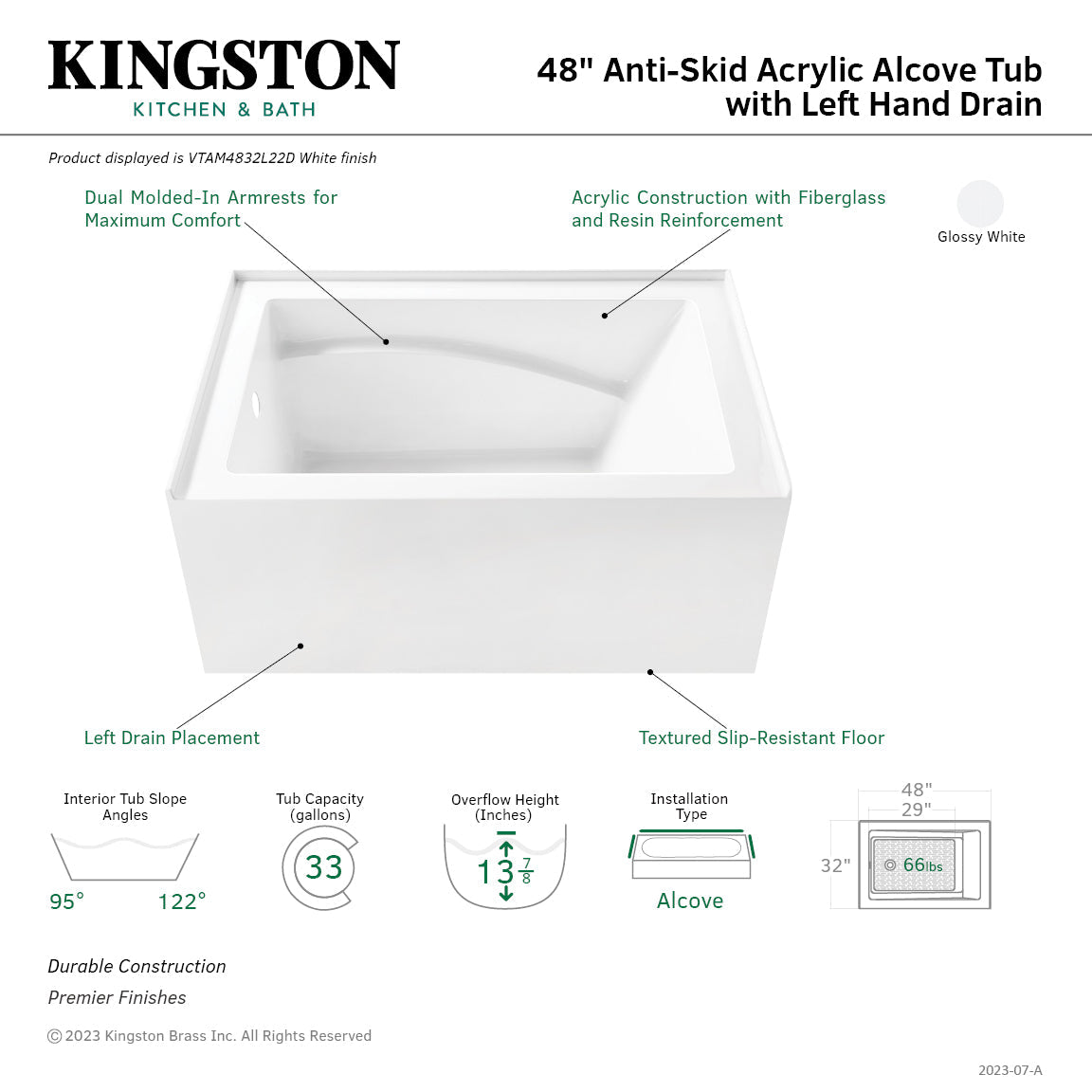 Aqua Eden VTAM4832L22D 48-Inch Anti-Skid Acrylic 3-Wall Alcove Tub with Left Hand Drain, Glossy White