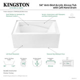 Aqua Eden VTAM5432L22D 54-Inch Anti-Skid Acrylic 3-Wall Alcove Tub with Left Hand Drain, Glossy White