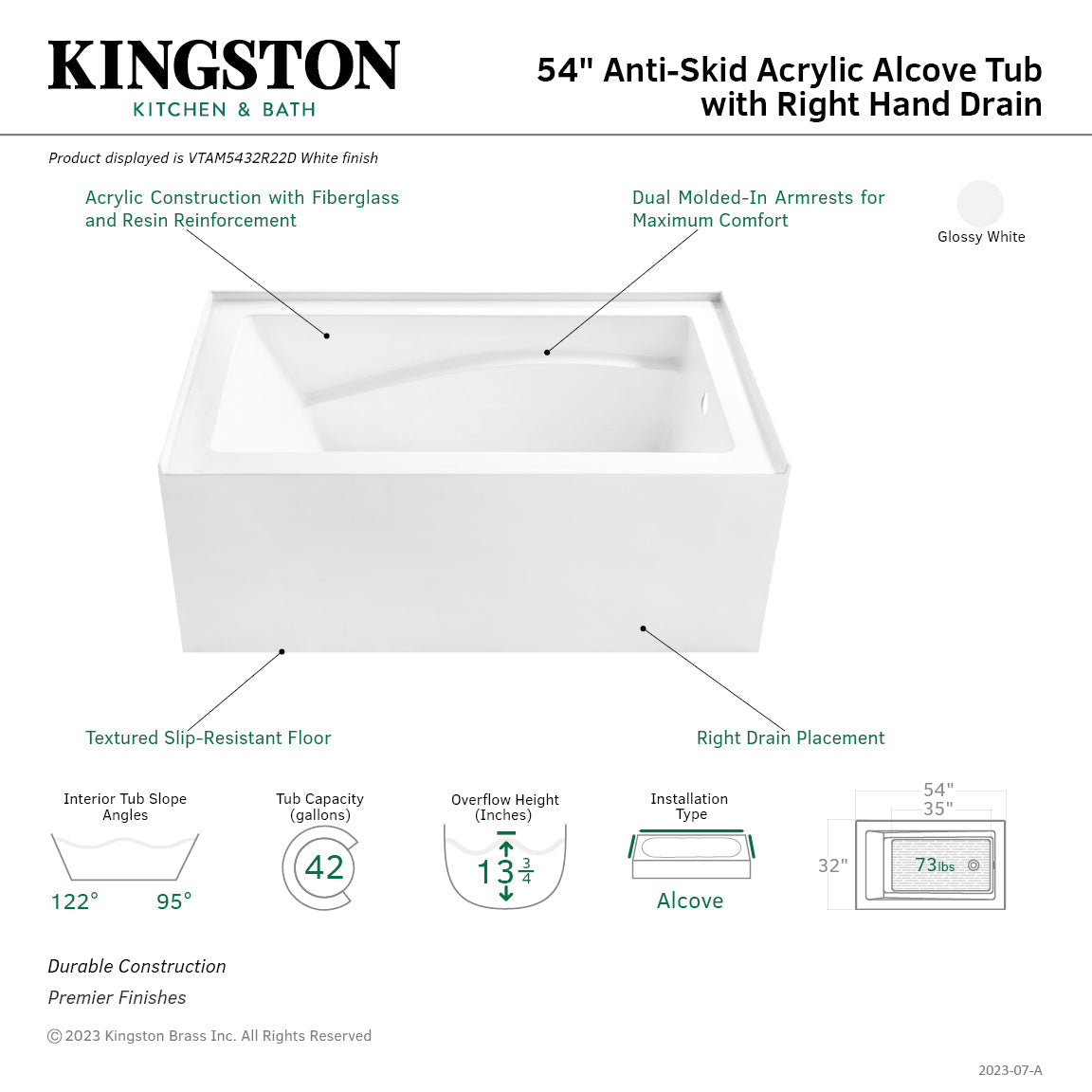 Aqua Eden VTAM5432R22D 54-Inch Anti-Skid Acrylic 3-Wall Alcove Tub with Right Hand Drain, Glossy White