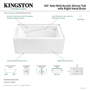 Aqua Eden VTAM5432R22D 54-Inch Anti-Skid Acrylic 3-Wall Alcove Tub with Right Hand Drain, Glossy White