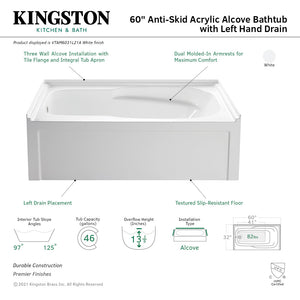 Aqua Eden VTAM6031L21A 60-Inch Anti-Skid Acrylic 3-Wall Alcove Tub with Arm Rest and Left Hand Drain, White