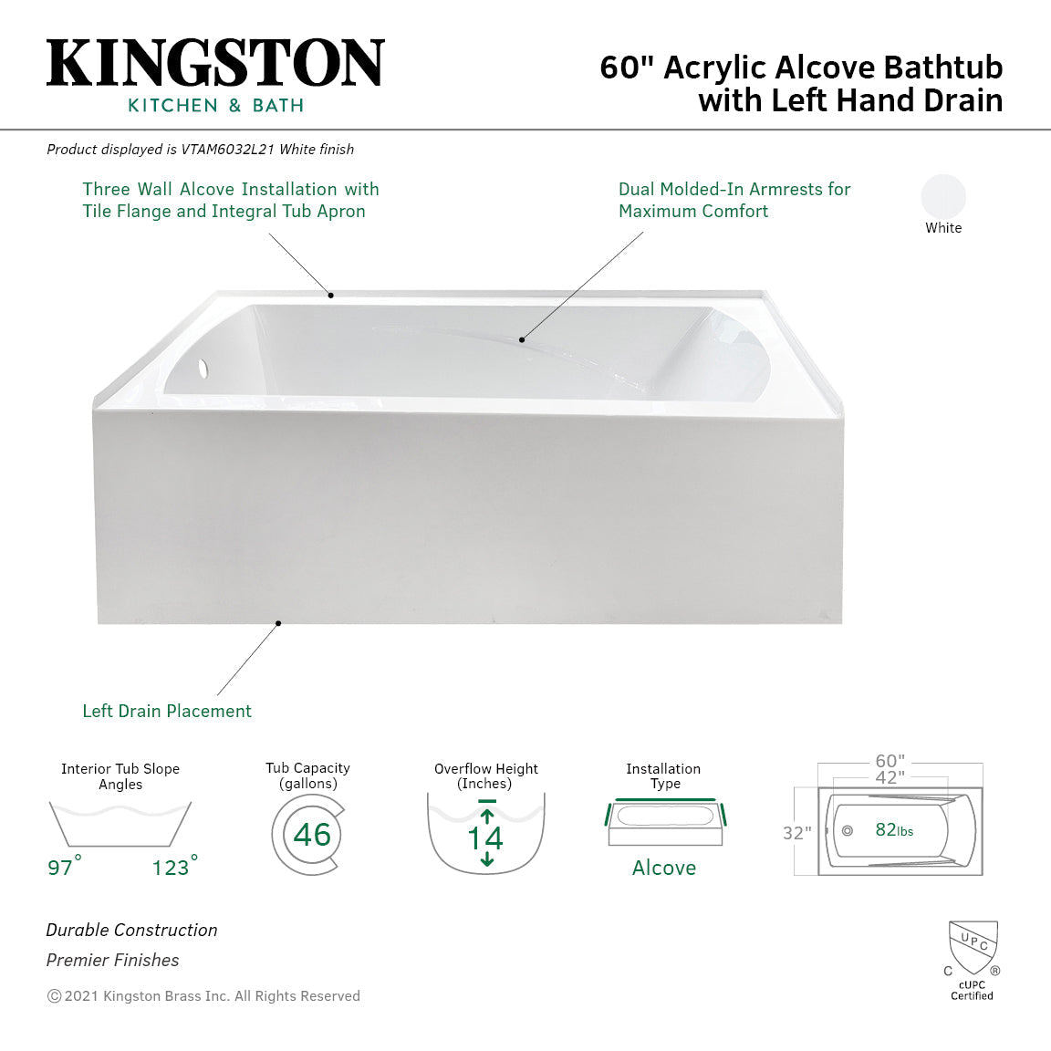 Aqua Eden VTAM6032L21 60-Inch Acrylic 3-Wall Alcove Tub with Left Hand Drain Hole, White