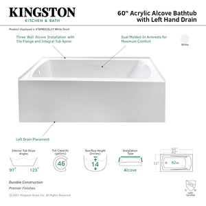 Aqua Eden VTAM6032L21 60-Inch Acrylic 3-Wall Alcove Tub with Left Hand Drain Hole, White