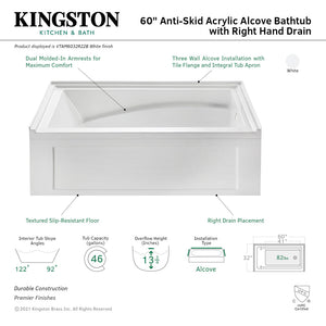 Aqua Eden VTAM6032R22B 60-Inch Anti-Skid Acrylic 3-Wall Alcove Tub with Arm Rest and Right Hand Drain, White