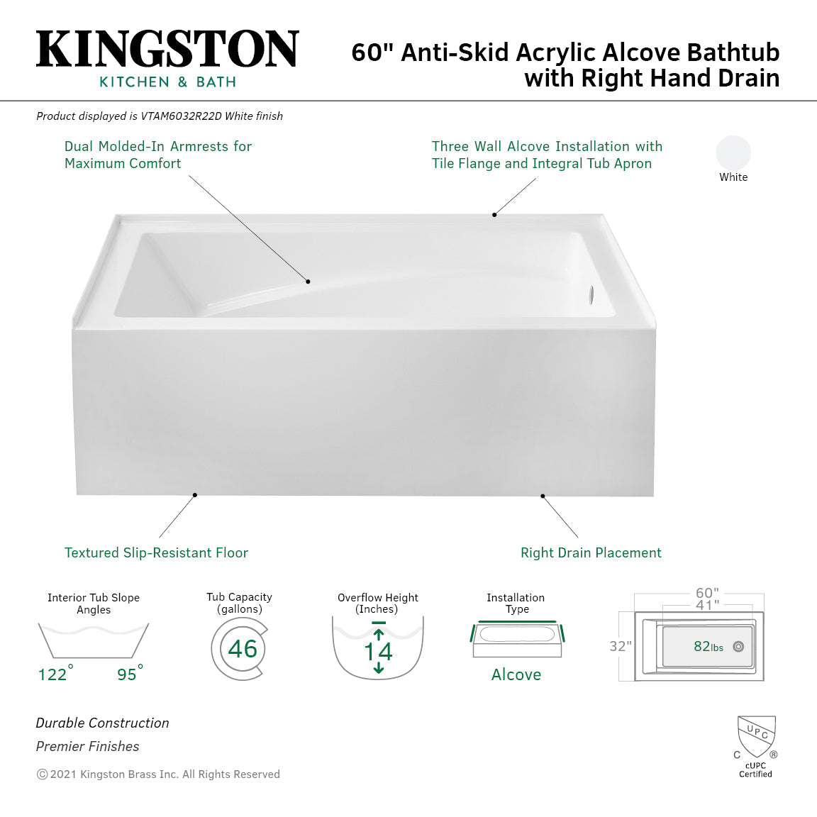 Aqua Eden VTAM6032R22D 60-Inch Anti-Skid Acrylic 3-Wall Alcove Tub with Arm Rest and Right Hand Drain, White