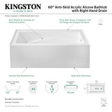 Aqua Eden VTAM6032R22D 60-Inch Anti-Skid Acrylic 3-Wall Alcove Tub with Arm Rest and Right Hand Drain, White