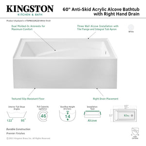 Aqua Eden VTAM6032R22D 60-Inch Anti-Skid Acrylic 3-Wall Alcove Tub with Arm Rest and Right Hand Drain, White