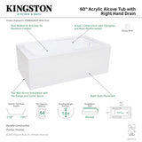 Aqua Eden VTAM6032R22S 60-Inch Acrylic 2-Wall Corner Alcove Tub with Right Hand Drain Hole, White