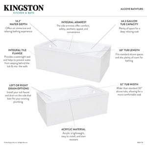 Aqua Eden VTAM6032R22S 60-Inch Acrylic 2-Wall Corner Alcove Tub with Right Hand Drain Hole, White