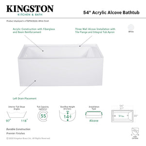 Aqua Eden VTAP543022L 54-Inch Acrylic 3-Wall Alcove Tub with Left Hand Drain Hole, White