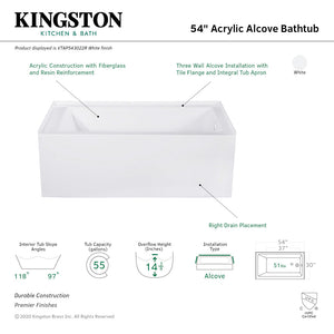 Aqua Eden VTAP543022R 54-Inch Acrylic 3-Wall Alcove Tub with Right Hand Drain Hole, White