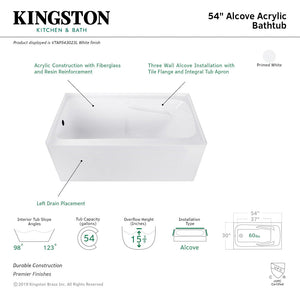 Aqua Eden VTAP543023L 54-Inch Acrylic 3-Wall Alcove Tub with Arm Rest and Left Hand Drain Hole, White