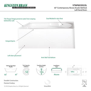 Aqua Eden VTAP603022L 60-Inch Acrylic Anti-Skid 3-Wall Alcove Tub with Left Hand Drain Hole, White