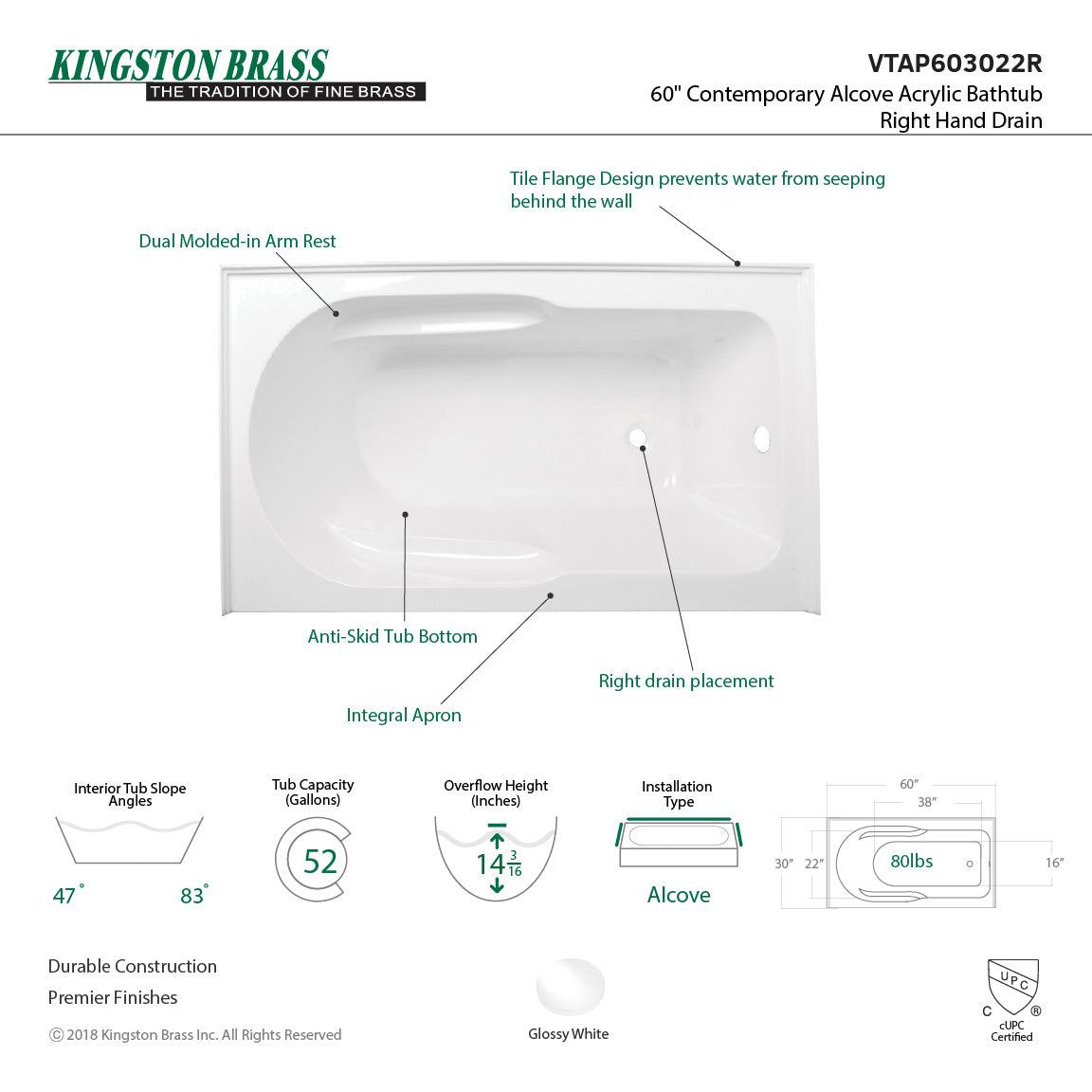 Aqua Eden VTAP603022R 60-Inch Acrylic Anti-Skid 3-Wall Alcove Tub with Right Hand Drain Hole, White